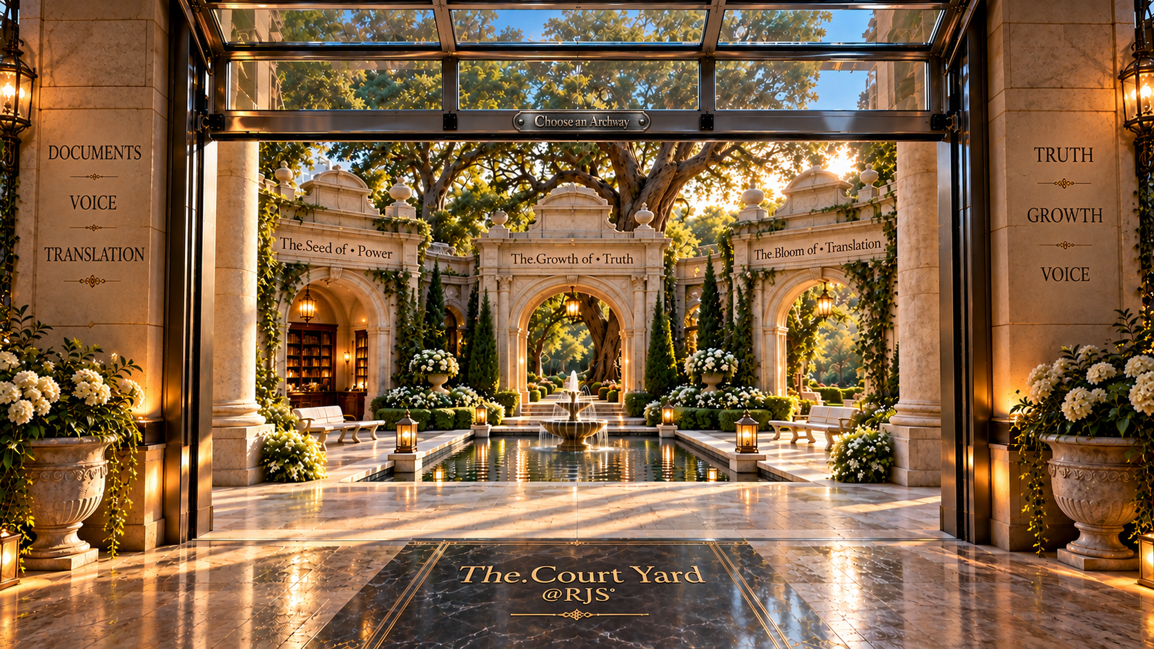 The.Court Yard @RJS°: an open glass entrance with three carved stone archways for Seed, Growth and Bloom.